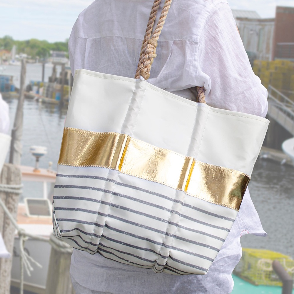 Sea Bags Metallic Gold w/ Grey Mariner Stripe Tote Bag